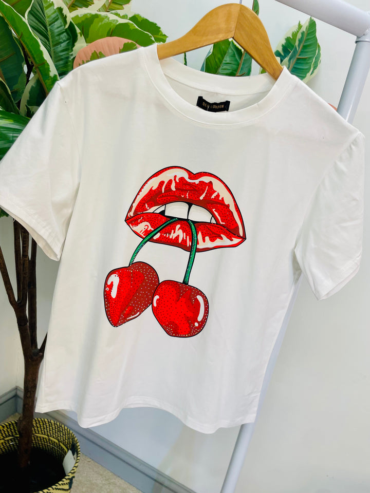 LADIES WHITE DIAMANTE LIPS & CHERRY T SHIRT TOP