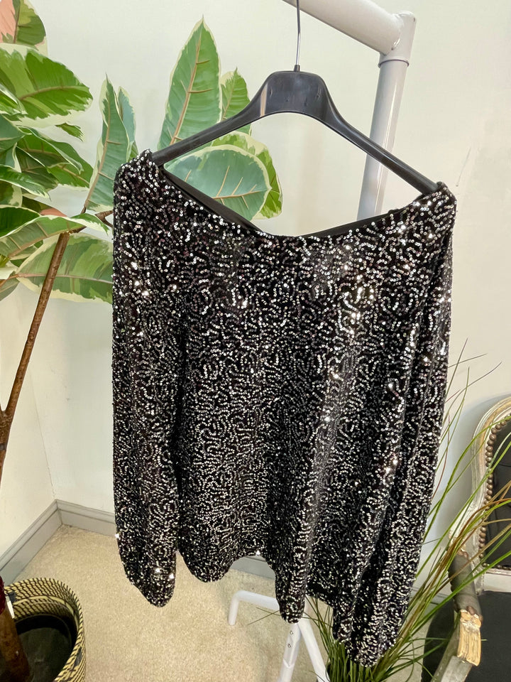 LADIES SEQUIN BOW BACK PARTY TOP - BROWN, BLACK, NAVY, BERRY & SILVER