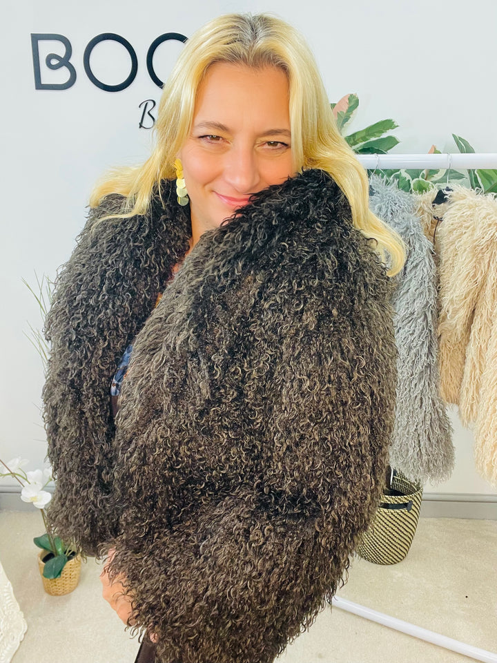 LADIES SHAGGY FLUFFY BOLERO JACKET - BEIGE, GREY & BROWN