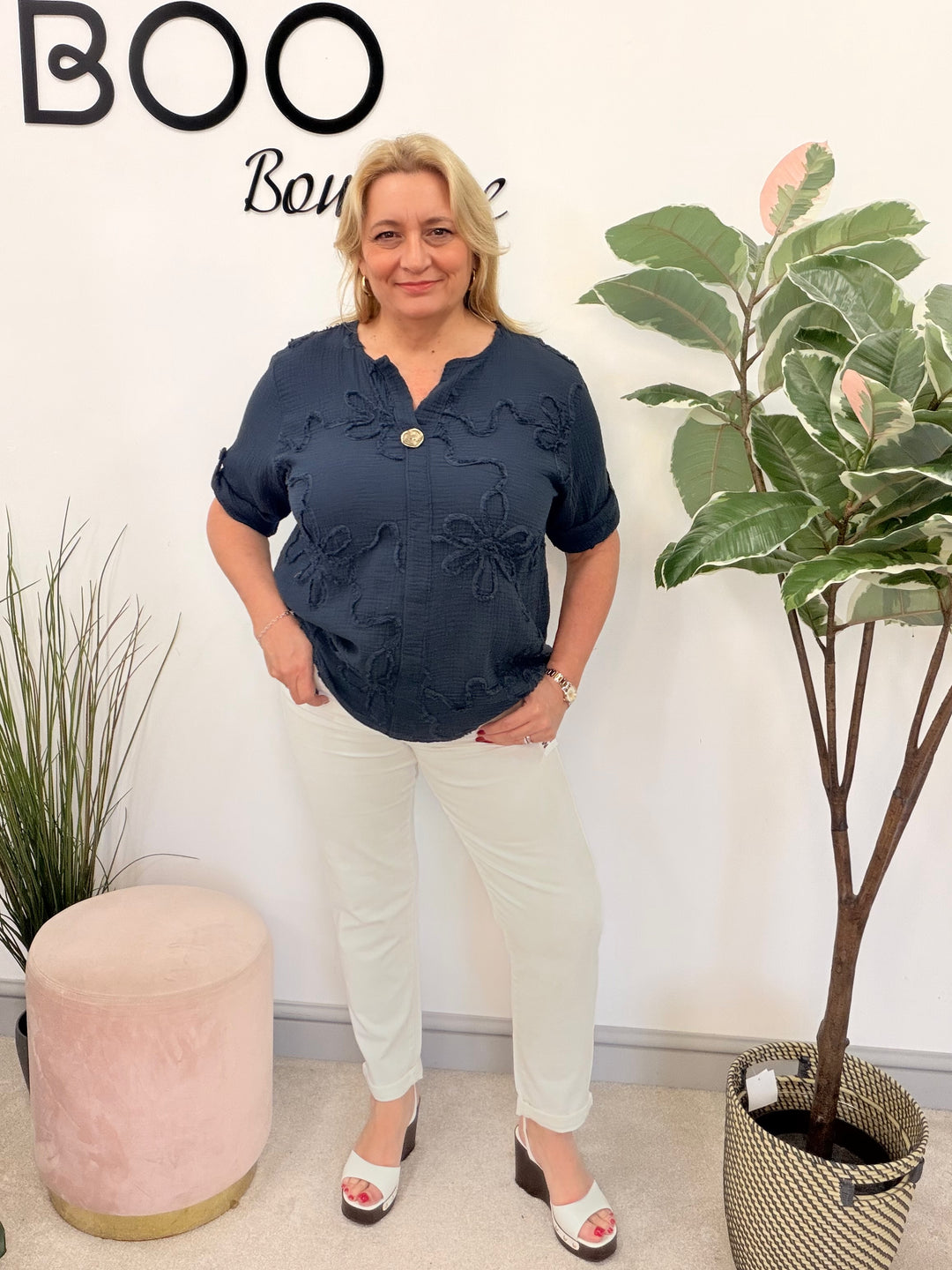 Ladies Fashion Cheesecloth Grandad Top - lemon, white, pink, navy