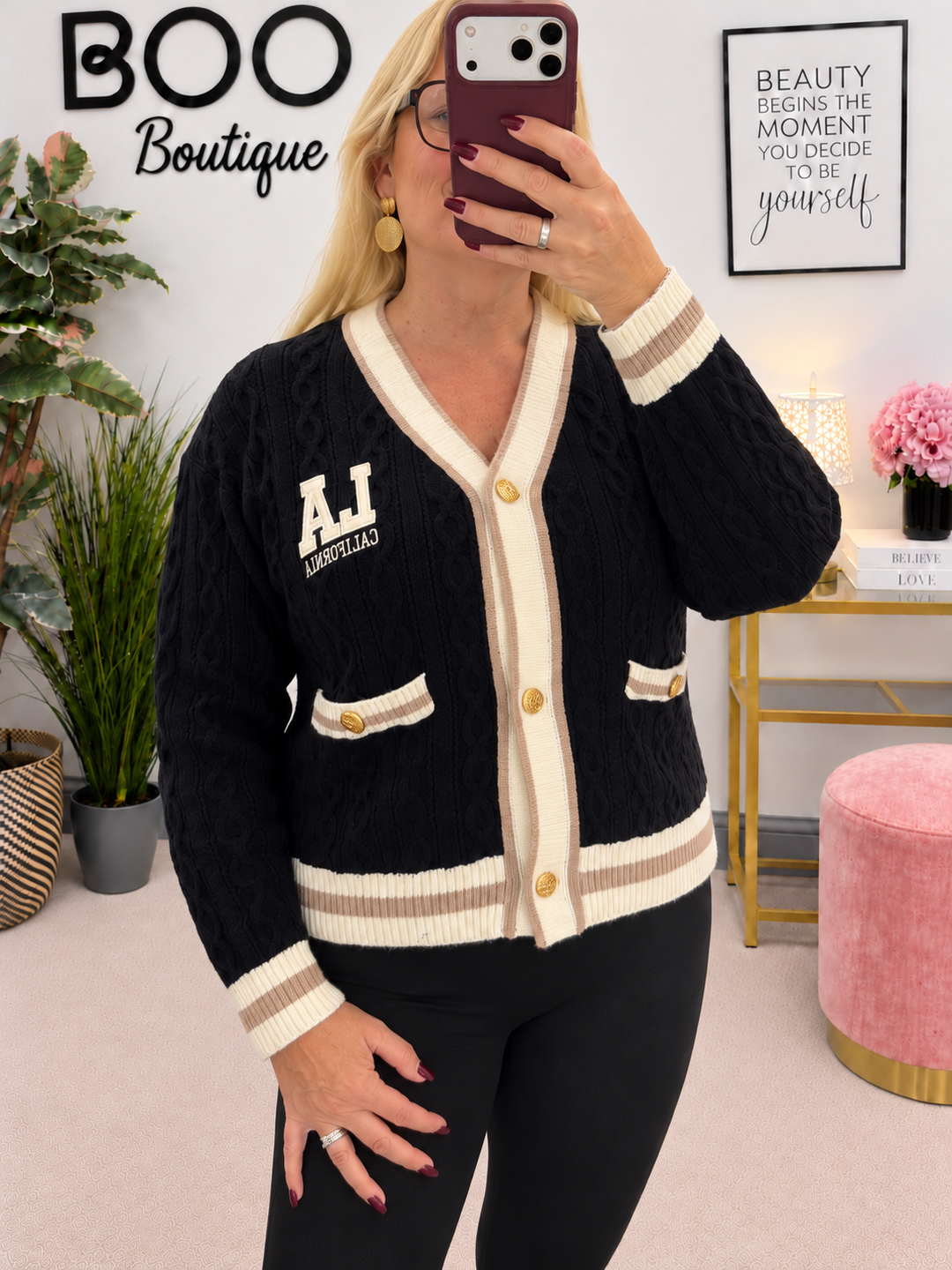 Womens Cable Knit Cricket Cardigan - Cream, Brown, Plum & Black