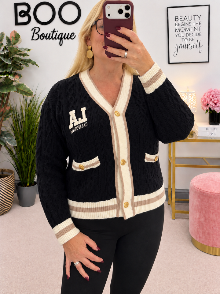 Womens Cable Knit Cricket Cardigan - Cream, Brown, Plum & Black