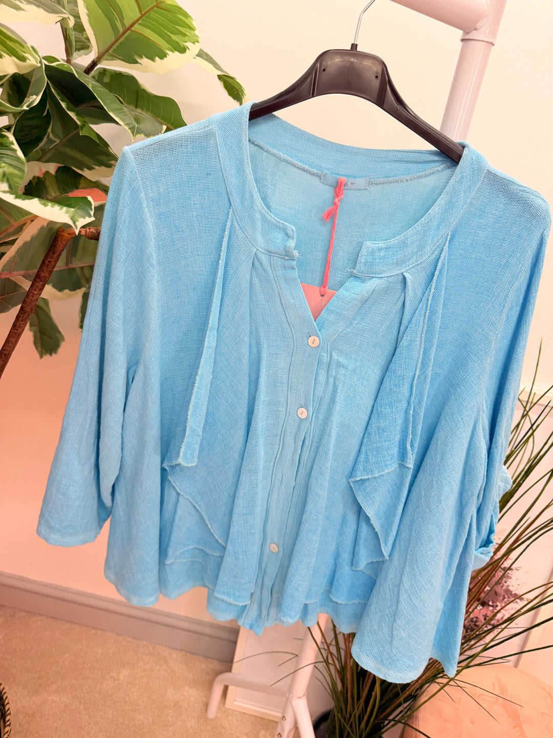 Ladies Fashion Waterfall Teabag Linen Top - lime, blue, turquoise, white, beige