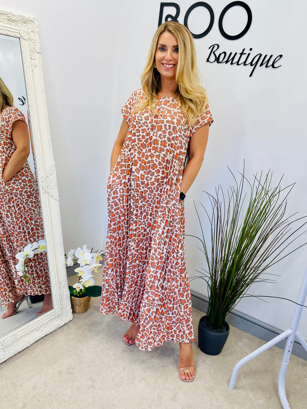 LADIES ANIMAL PRINT PLEATED SUMMER MAXI DRESS - PINK, ORANGE, BROWN, KHAKI