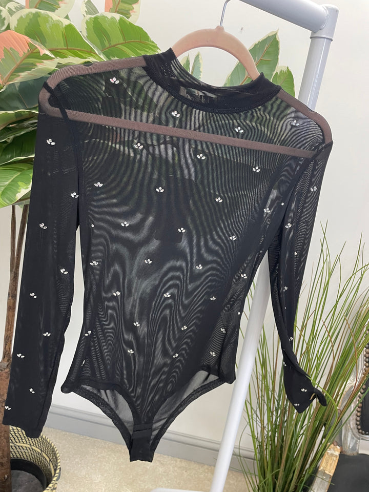 LADIES SHEER DIAMANTE BODYSUIT - BLACK, WINE, BROWN