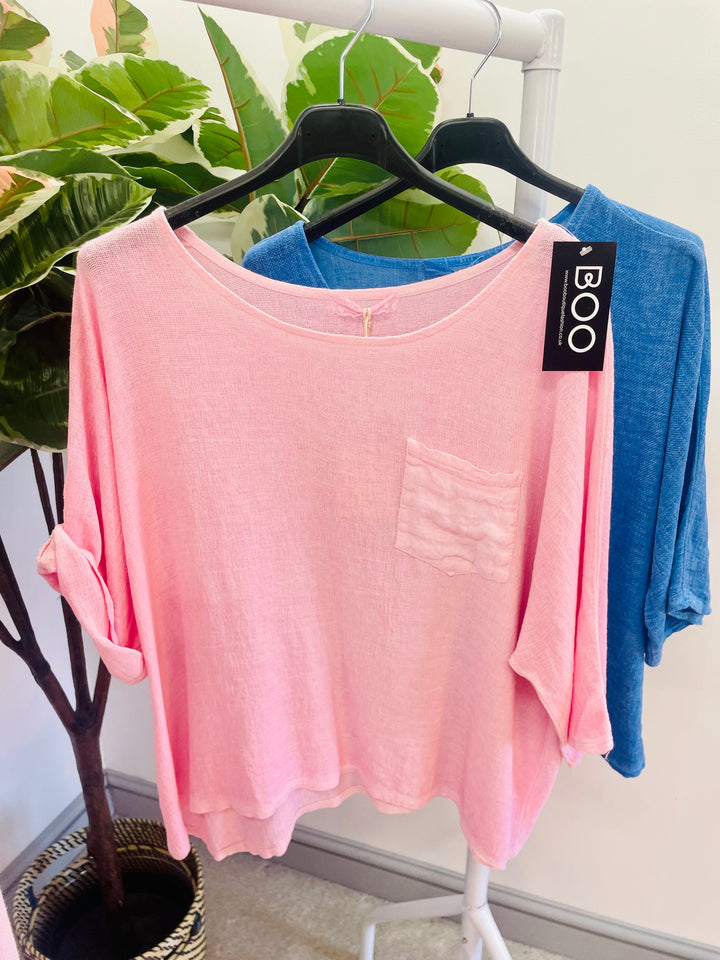 LADIES WOMENS TEA BAG LINEN CASUAL TOP - BLUE, WHITE & PINK