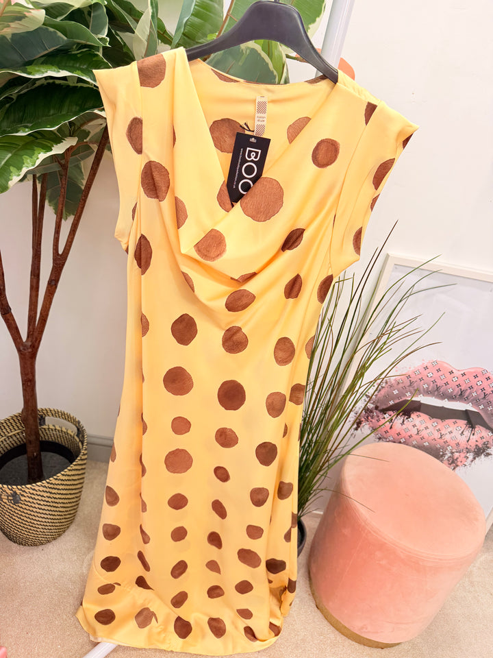 Ladies Satin Polka Dot Sheath Dress - Lemon, Black, Pink, Khaki, Navy, Black & Blue