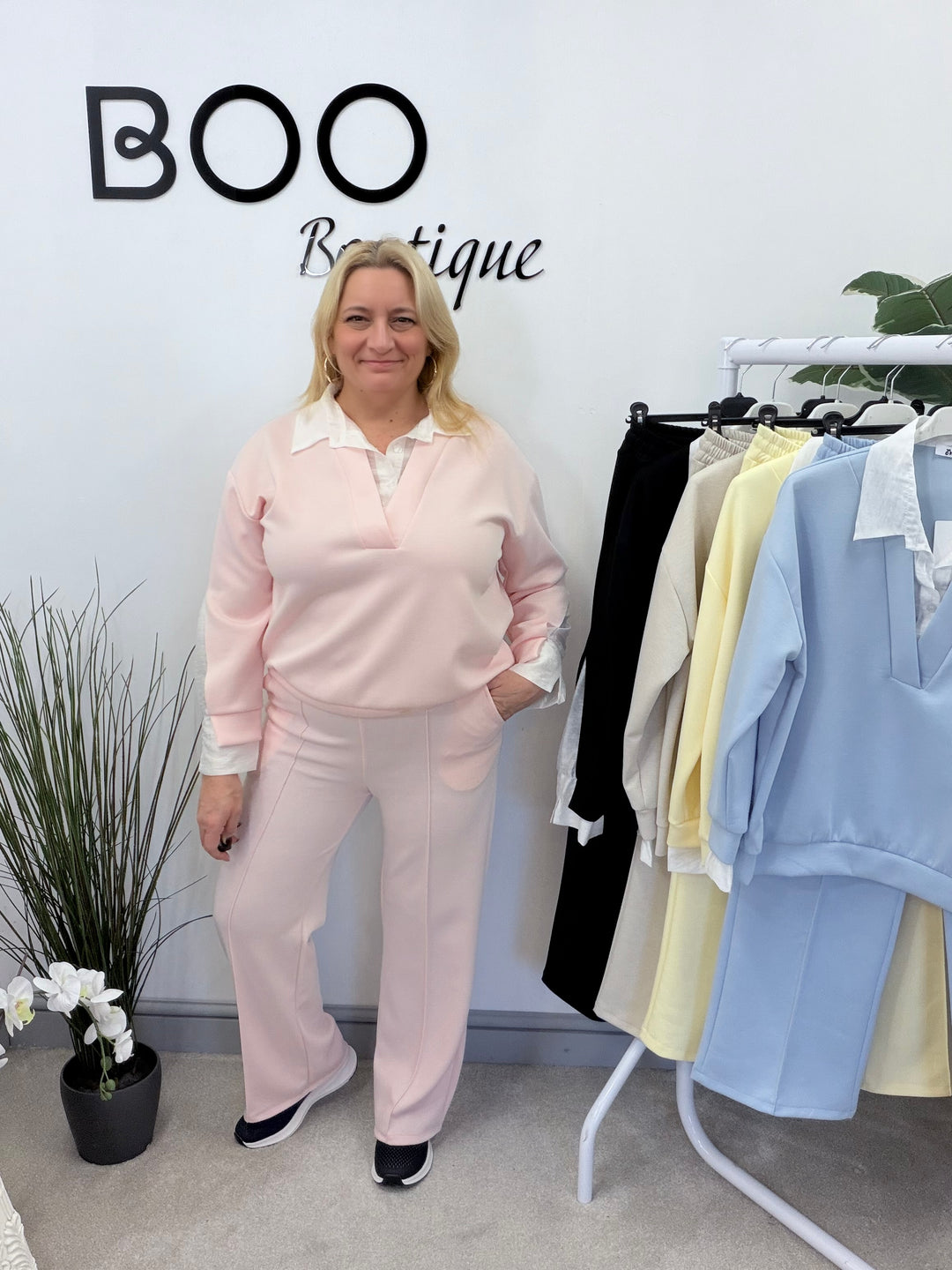 LADIES STRAIGHT LEG TROUSER CO ORD SET - LEMON, PINK, BEIGE, BLUE & BLACK