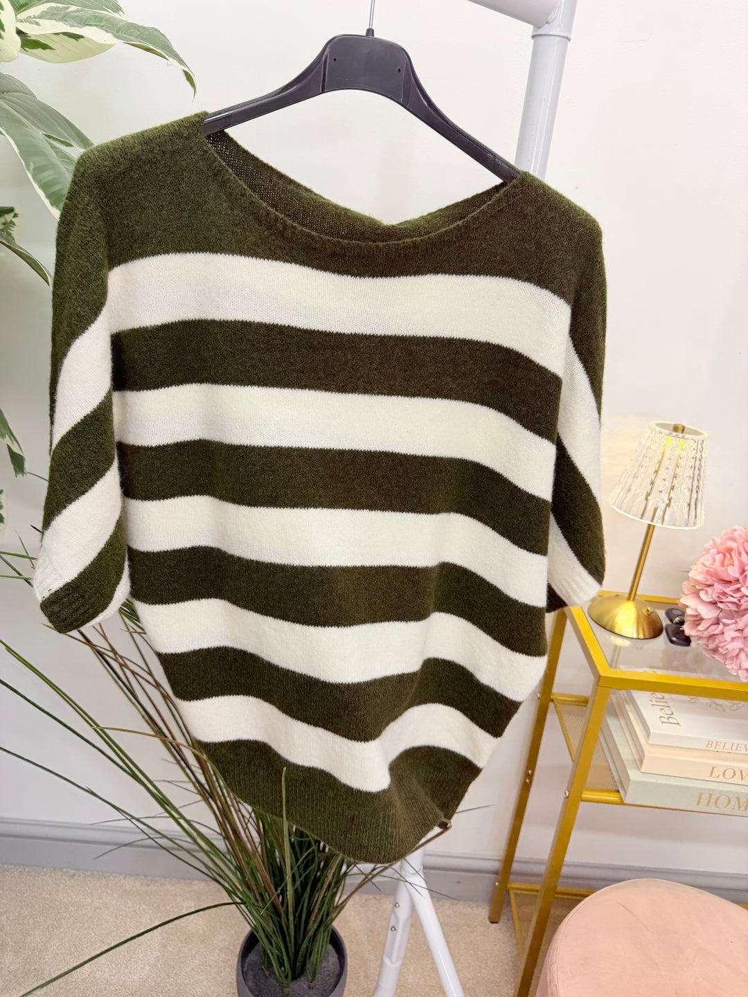 Ladies Fashion Wide Stripe Short Sleeve Jumper - Khaki, Blue & Brown