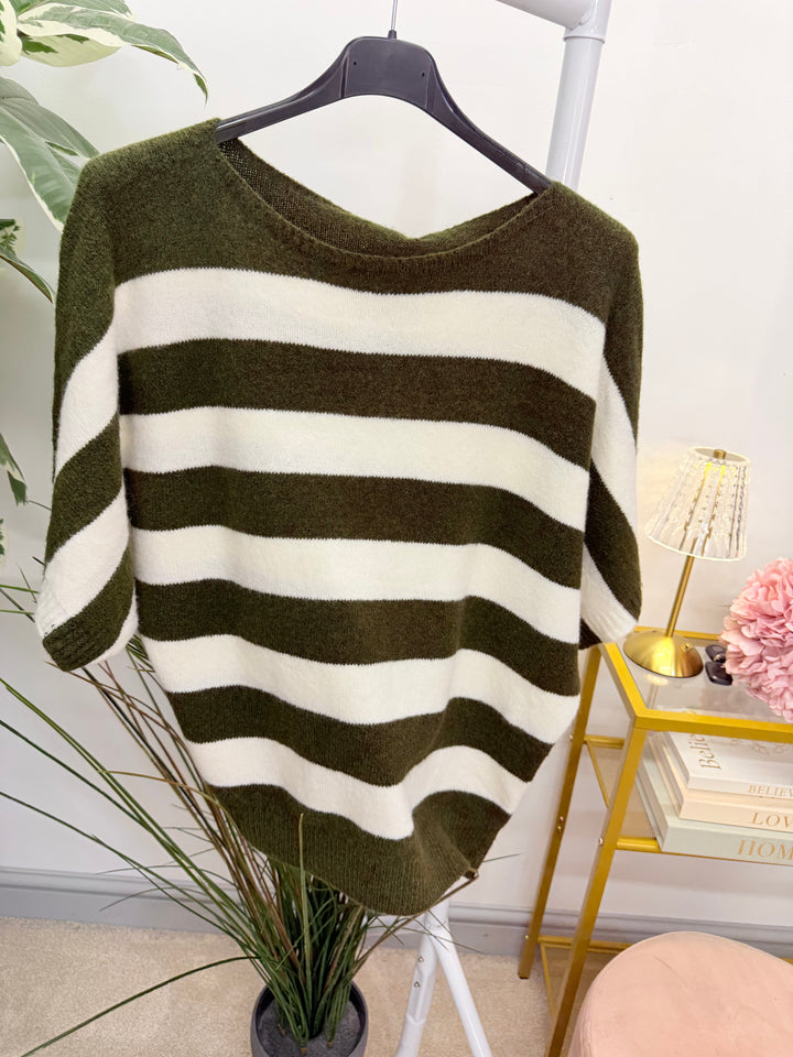 Ladies Fashion Wide Stripe Short Sleeve Jumper - Khaki, Blue & Brown