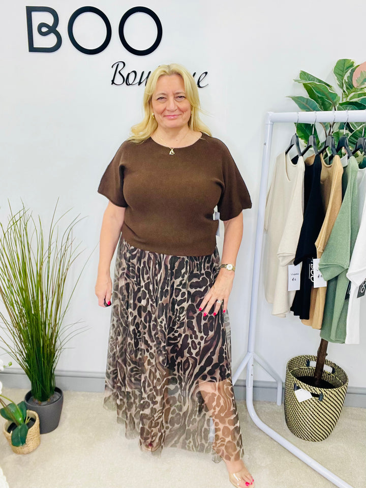 LADIES ANIMAL PRINT TULLE MAXI SKIRT - BLACK, BROWN & BURGUNDY