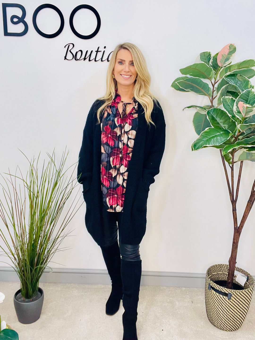 LADIES WAFFLE KNIT LONG LINE CARDIGAN - BLACK, BROWN & BEIGE