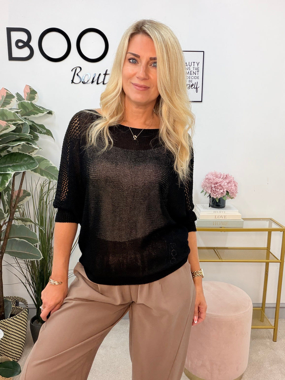 Ladies Fashion Knitted Batwing Jumper Top - Black, White & Mocha