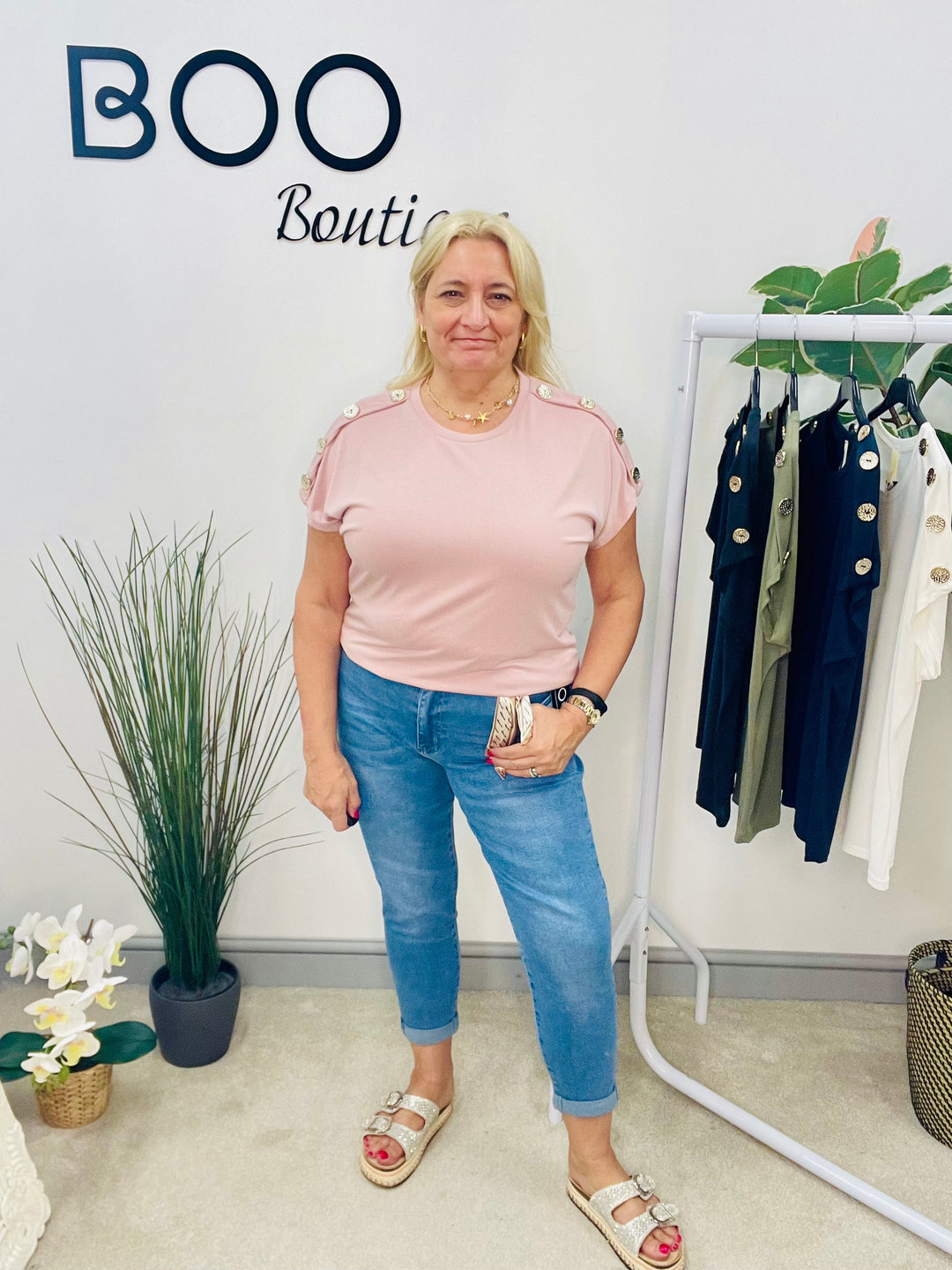 LADIES CASUAL STRETCH GOLD BUTTON T SHIRT - PINK, NAVY, WHITE, BLACK, KHAKI