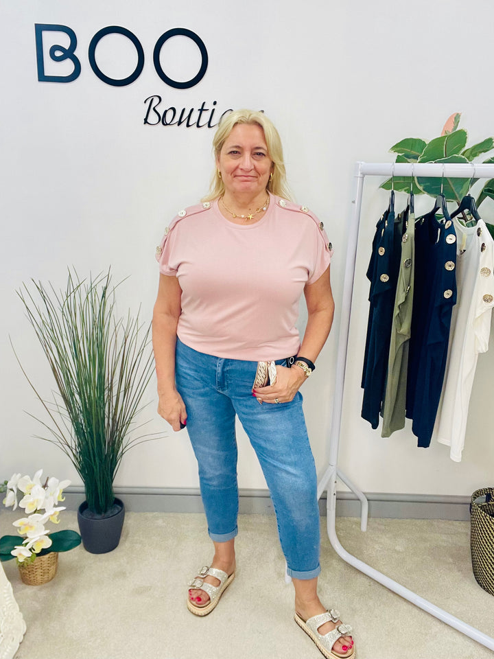 LADIES CASUAL STRETCH GOLD BUTTON T SHIRT - PINK, NAVY, WHITE, BLACK, KHAKI