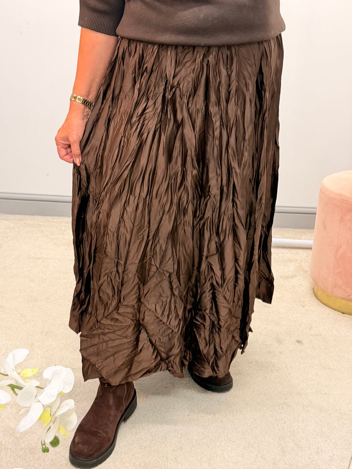 Ladies Fashion Satin Crinkle Maxi Skirt - Black, Navy, Brown, Khaki & Lime