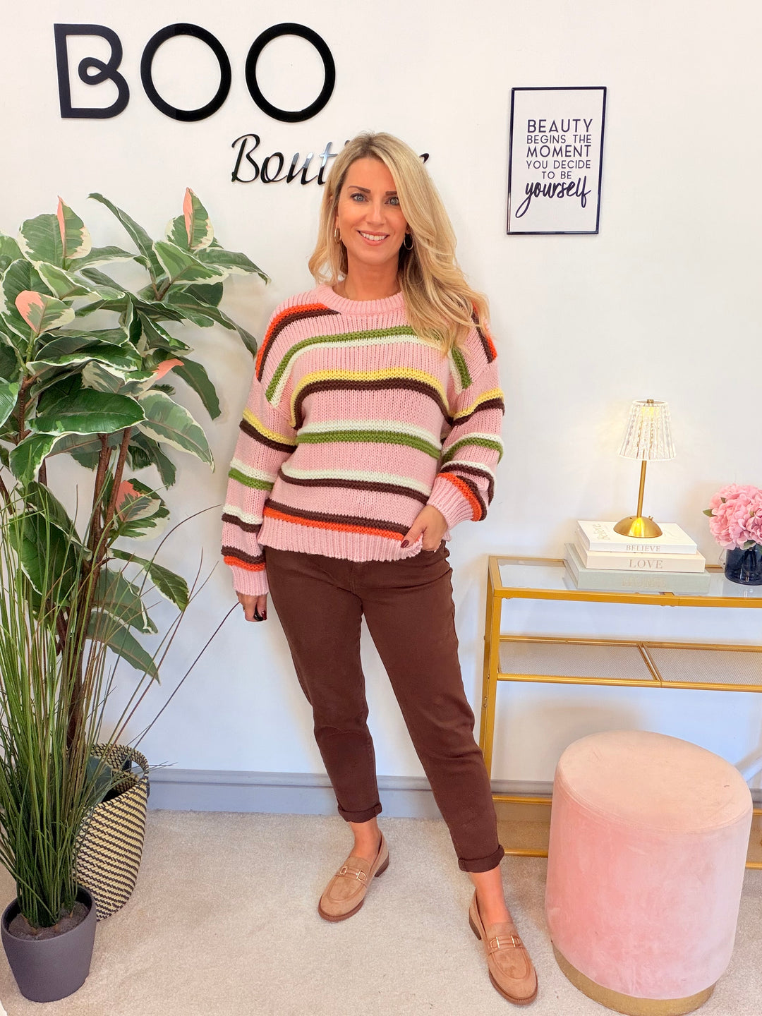 Women’s pink chunky knit stripe jumper 