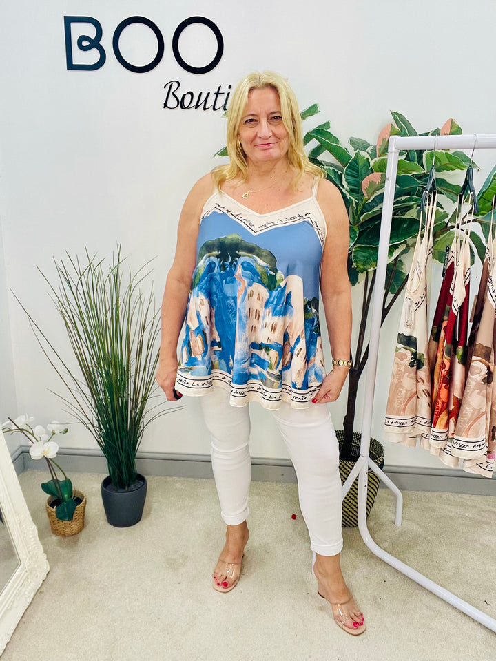 LADIES POSTCARD PRINT SATIN CAMI TOP - BURGUNDY, CREAM, TAUPE & BLUE