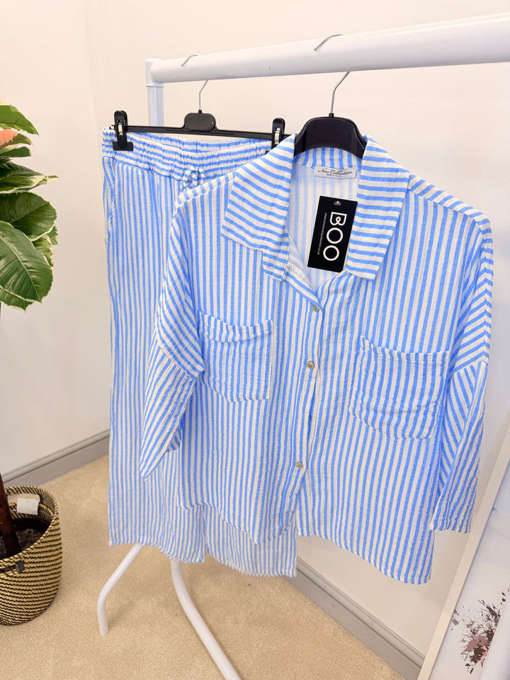 Ladies Fashion Blue & White Stripe Trouser Shirt Co Ord Set