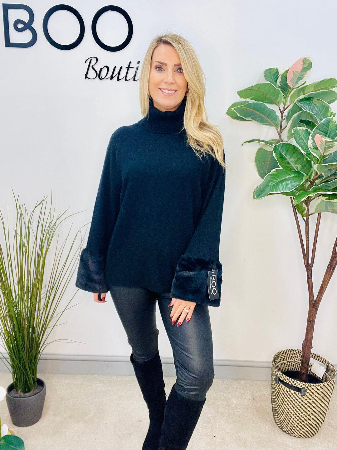 LADIES KNITTED FAUX FUR CUFF JUMPER - BURGUNDY, GREY, BLACK, BROWN, BEIGE, CAMEL
