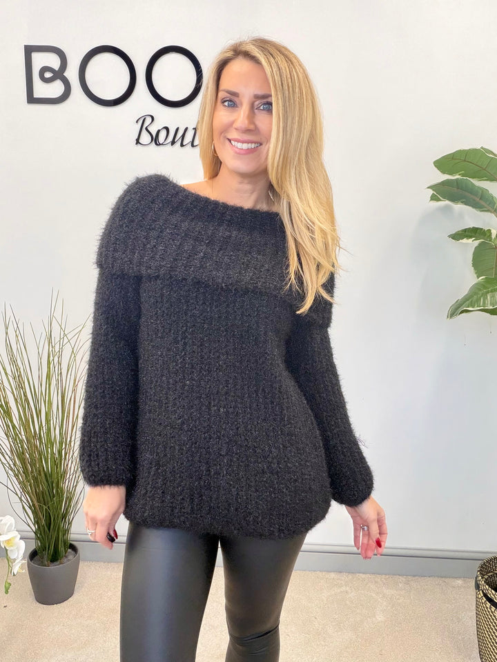 LADIES FLUFFY KNIT BARDOT JUMPER - MINT, BLACK, CREAM, PINK, LEMON & MOCHA