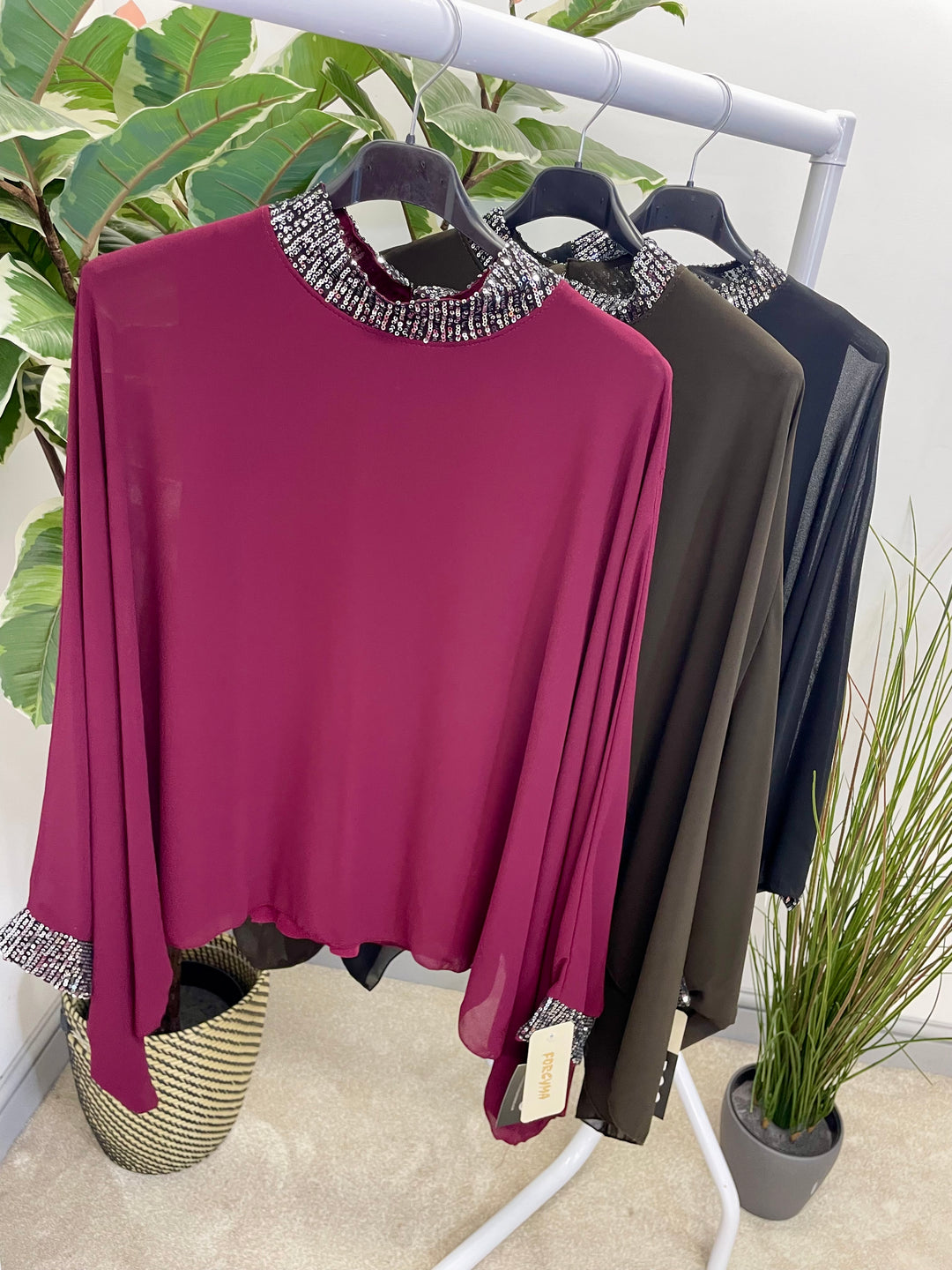 LADIES CHIFFON FLOATY SEQUIN PARTY TOP - BROWN, BLACK, BERRY