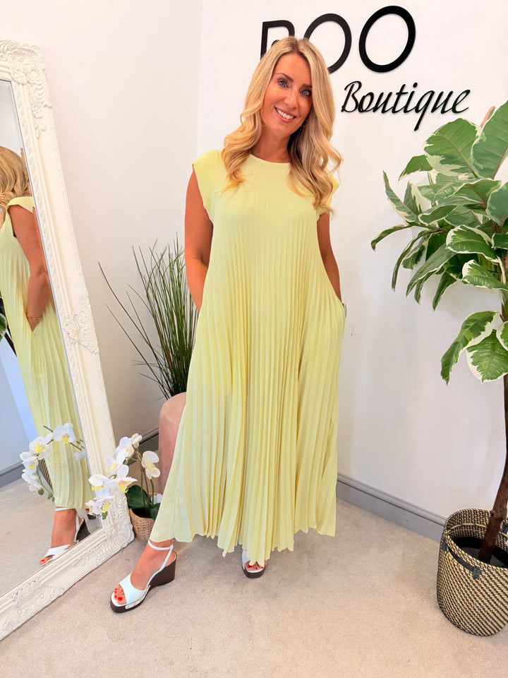 Ladies Fashion Pleated Maxi Dress - Black, Navy, Red, Lemon, Pink, Raspberry