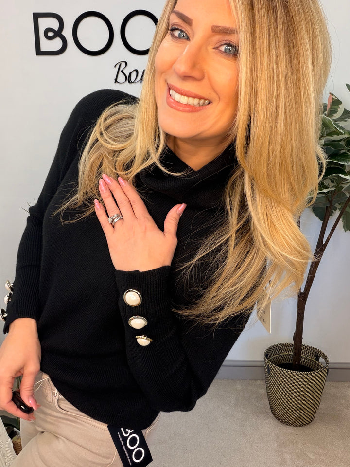 Ladies Fashion Cropped Roll Neck Jumper - black, white, blue & pink