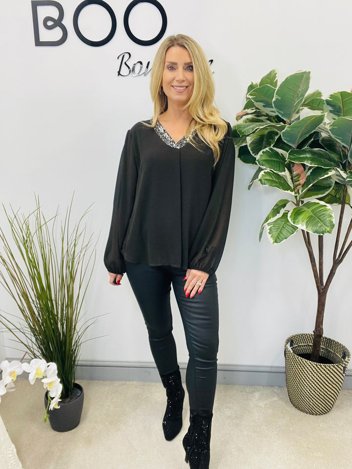 LADIES CHIFFON FLOATY SEQUIN PARTY TOP - BROWN, BLACK, BERRY