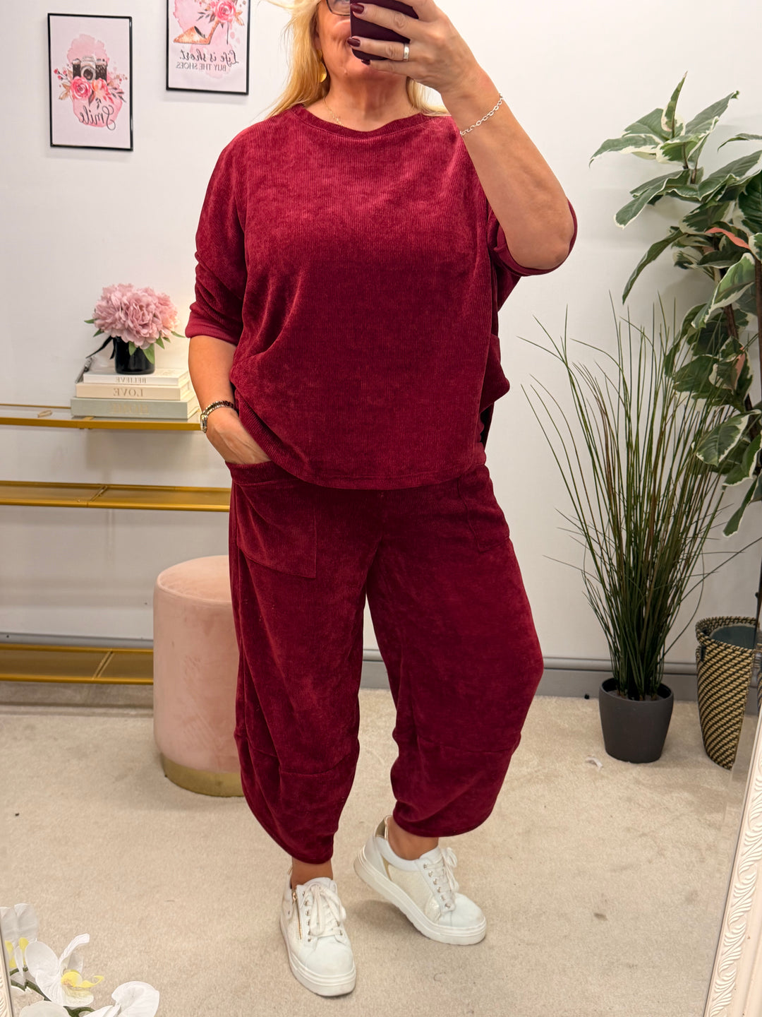 Womens chenille harem trouser two piece co ord set - black, wine, khaki & brown
