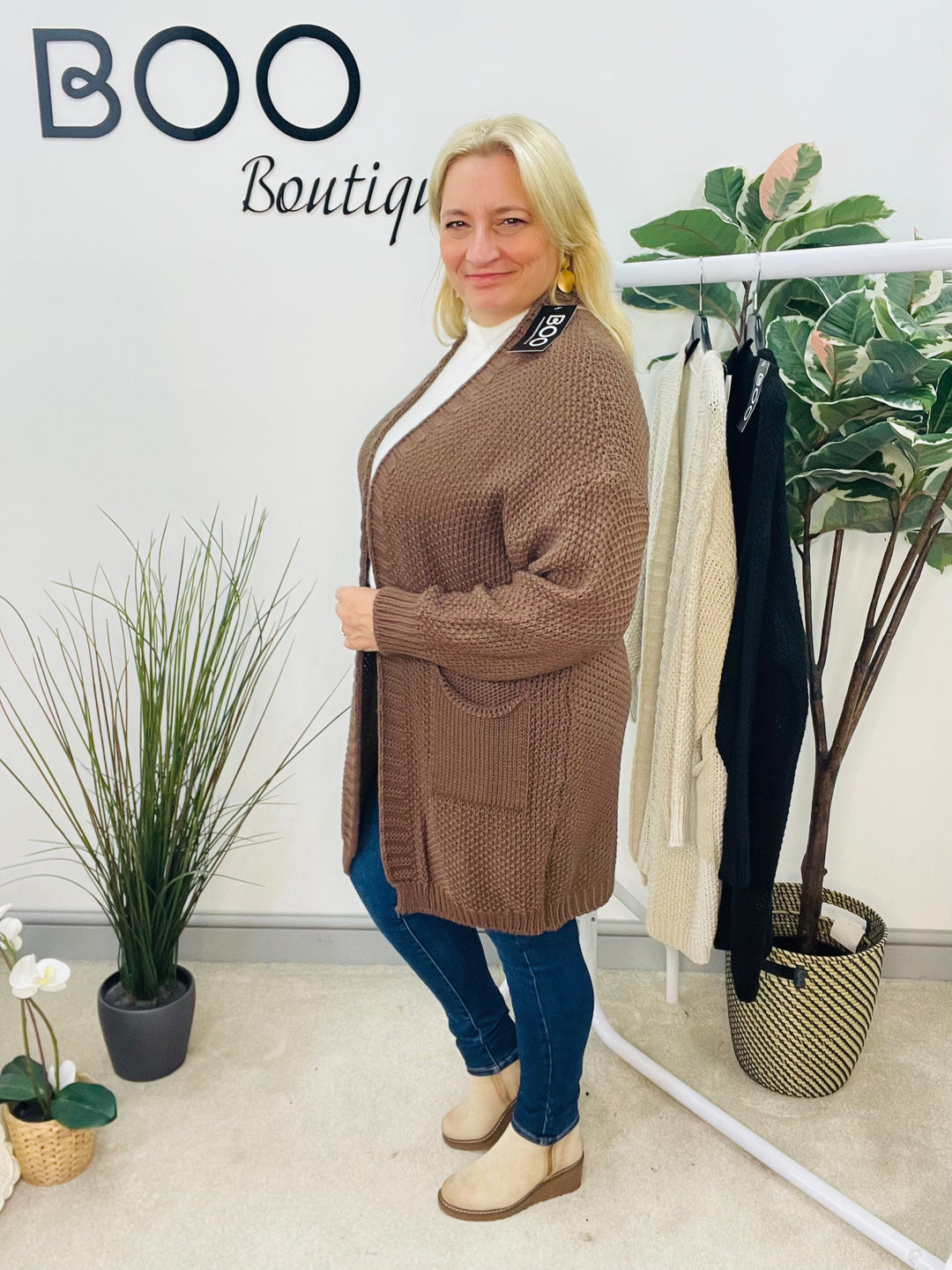 LADIES WAFFLE KNIT LONG LINE CARDIGAN - BLACK, BROWN & BEIGE