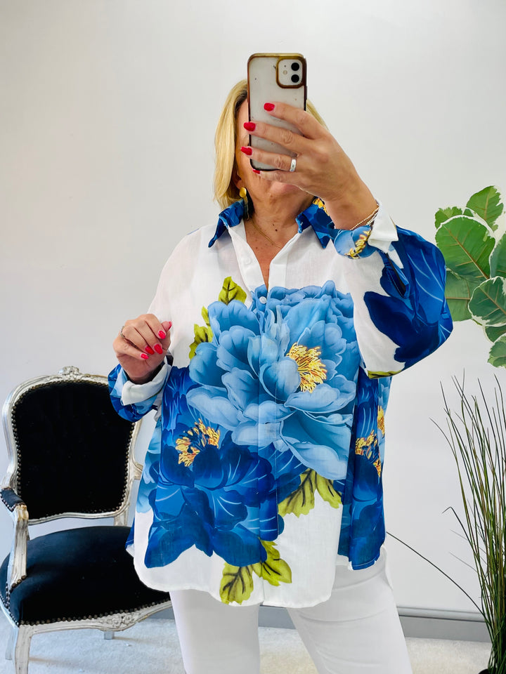 LADIES WOMENS BLUE FLOWER OVERSIZE LINEN SUMMER TOP