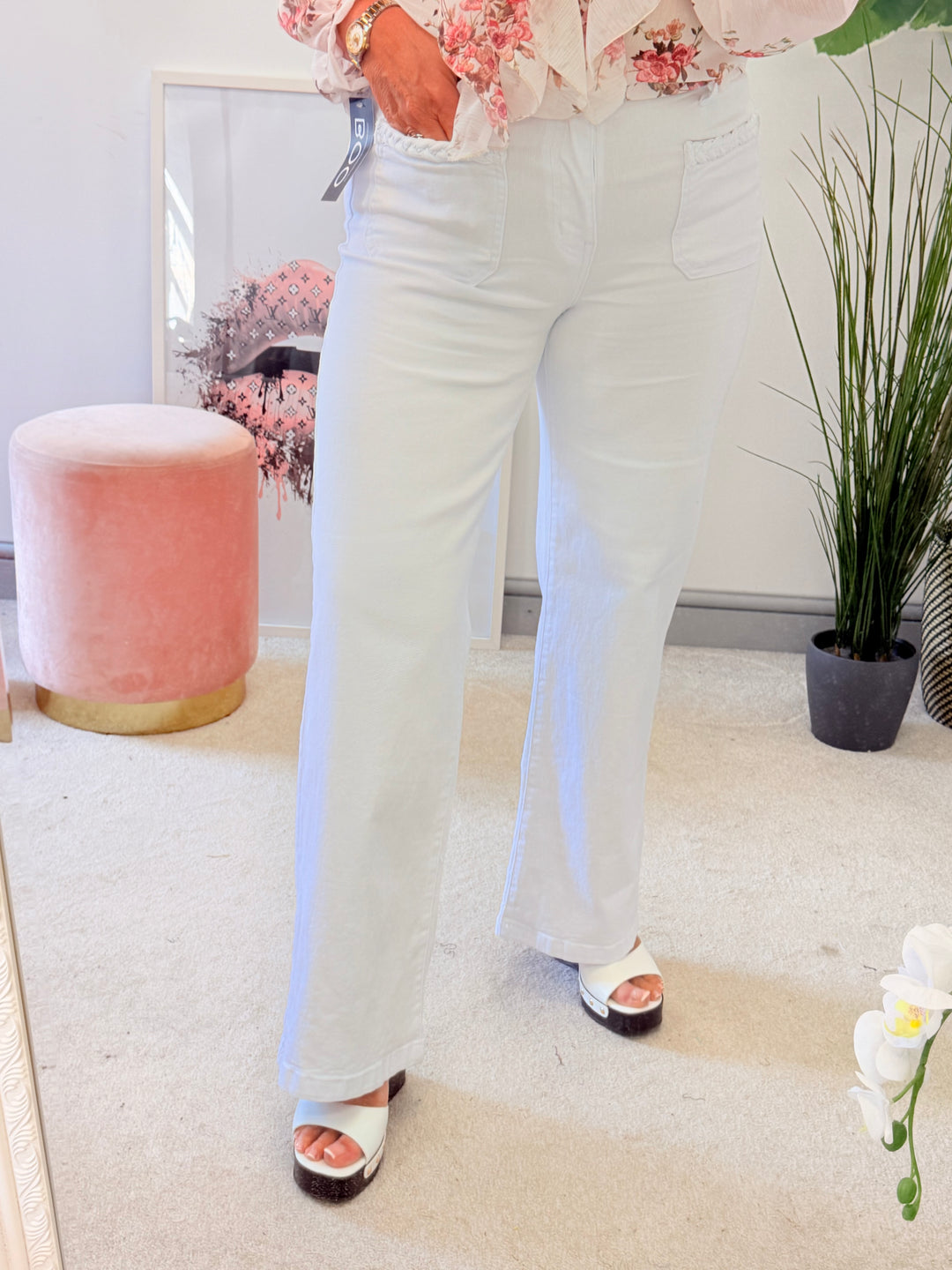 Ladies Fashion White Wide Leg Jeans