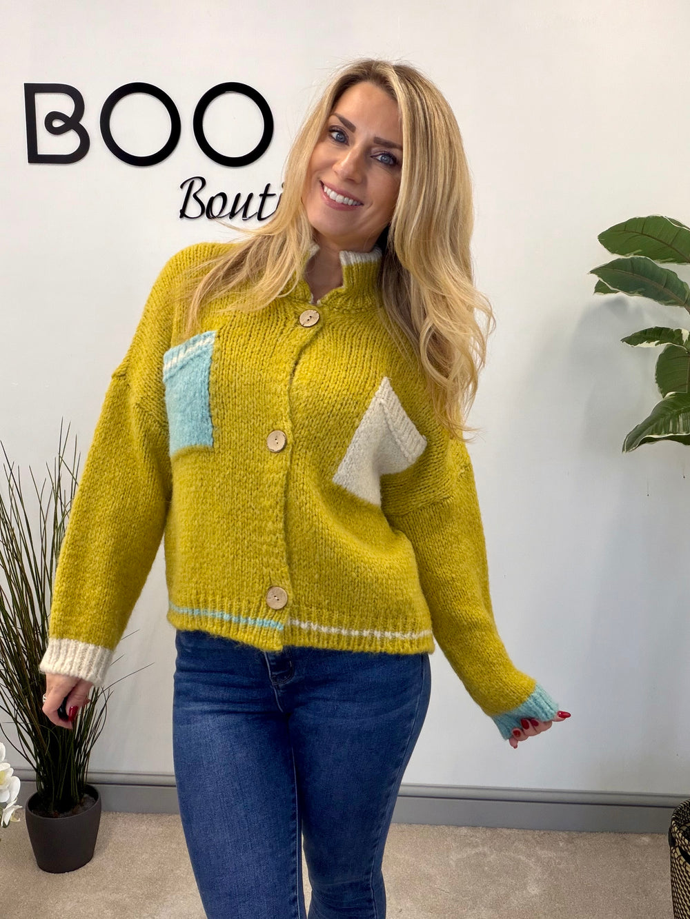 LADIES FUNKY CHUNKY KNIT TWO TONE CARDIGAN - MINT, BEIGE, ORANGE & LIME