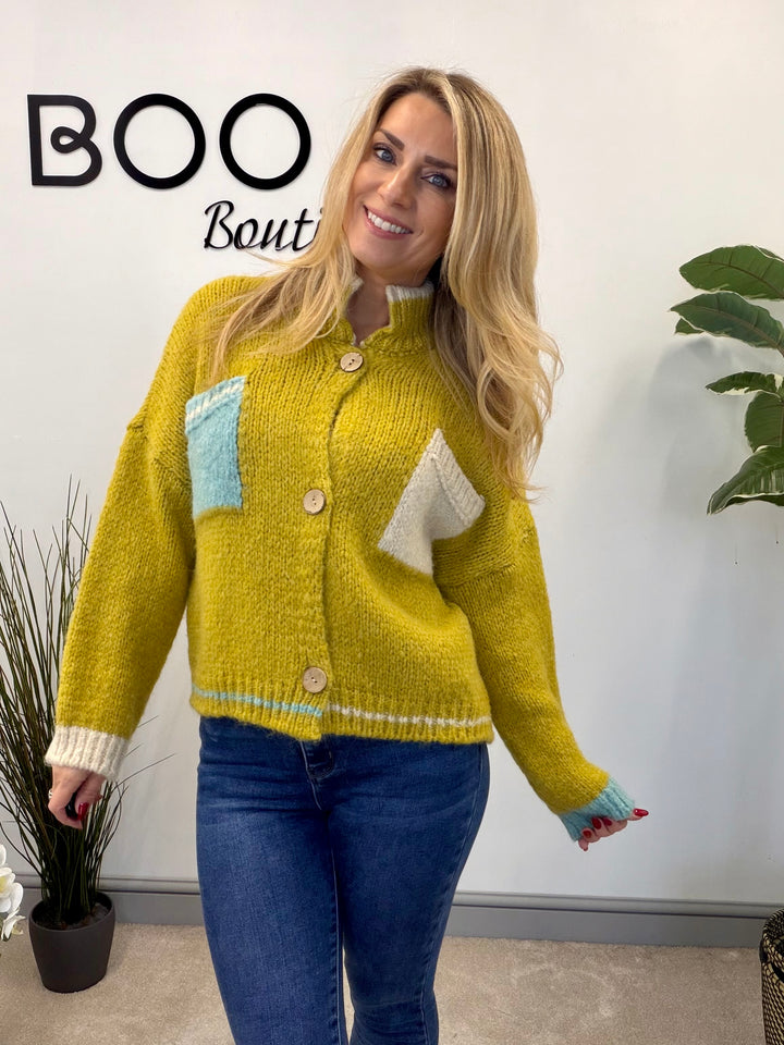 LADIES FUNKY CHUNKY KNIT TWO TONE CARDIGAN - MINT, BEIGE, ORANGE & LIME