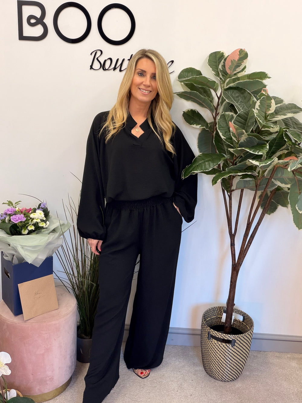 Ladies Fashion Wide Leg Trouser Co Ord Set - lemon, black, navy & beige