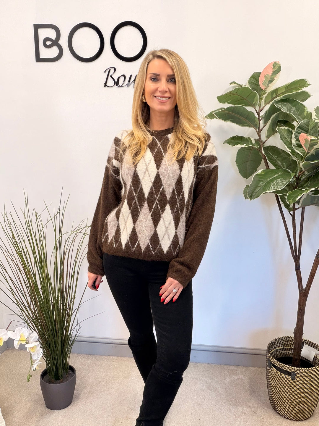 LADIES FASHION ARGYLE KNIT JUMPER - BERRY, CREAM, BROWN, 