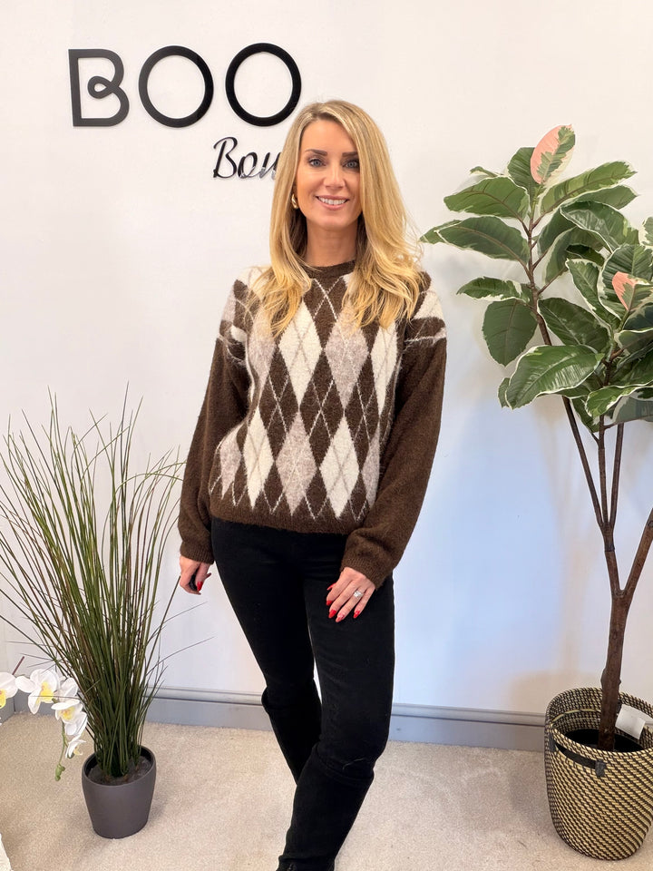 LADIES FASHION ARGYLE KNIT JUMPER - BERRY, CREAM, BROWN, 