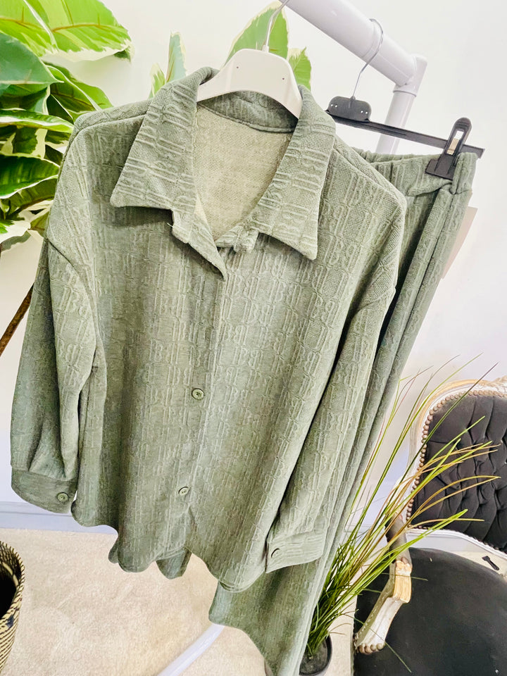 LADIES STRAIGHT LEG TROUSER & JACKET CO ORD SET KHAKI SAGE