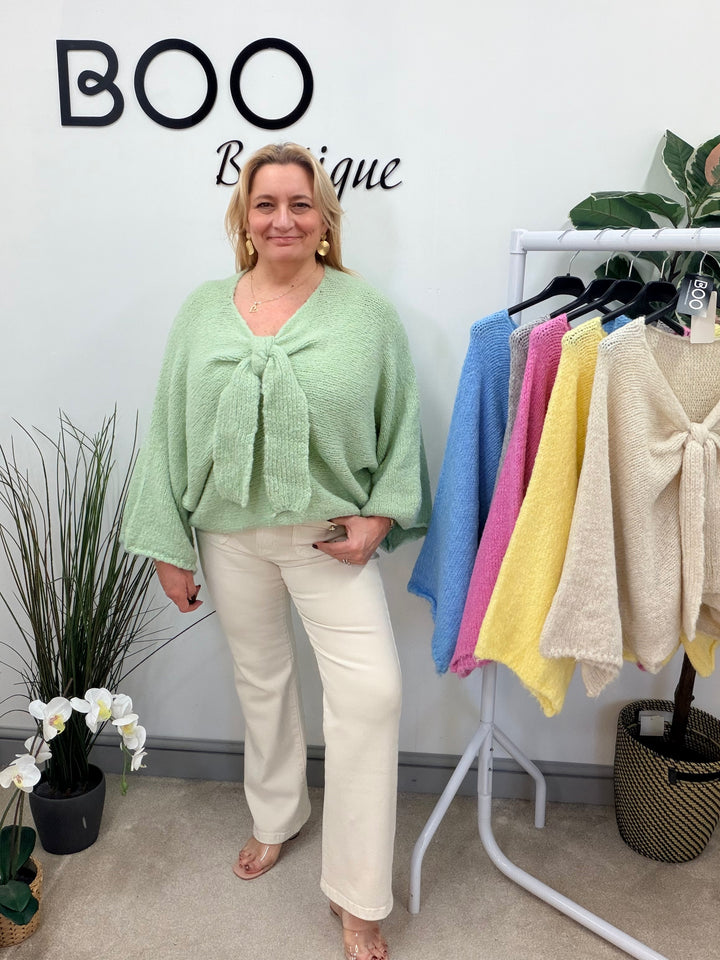 LADIES CHUNKY BOW JUMPER - PINK, MINT, LEMON, BLUE, BEIGE & GREY