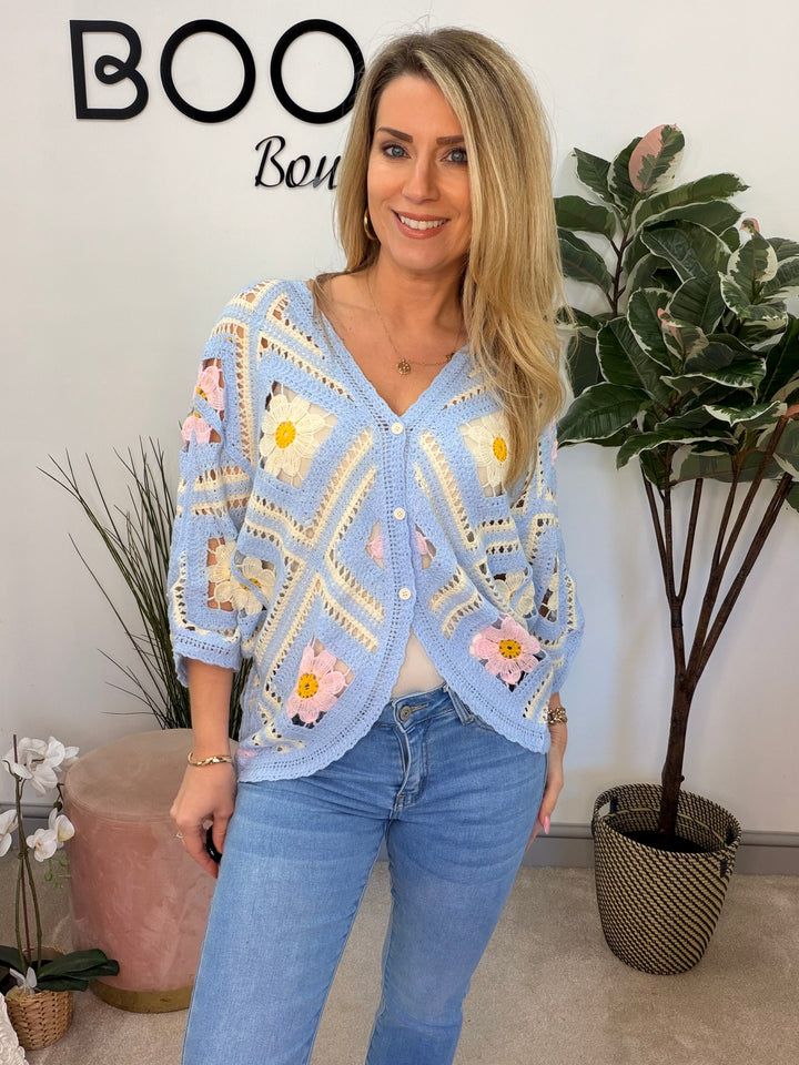 Ladies Fashion Crochet Shrug Cardigan - lemon, blue & pink