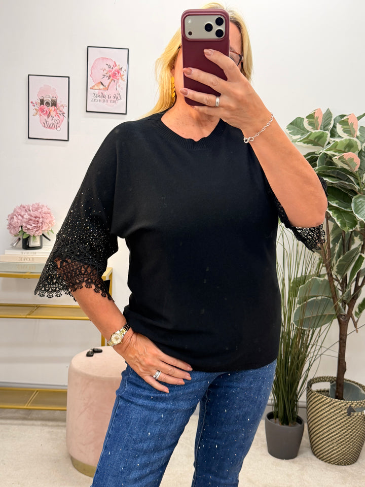 Ladies Diamante & Lace Short Sleeve Jumper - Black, Cream & Red