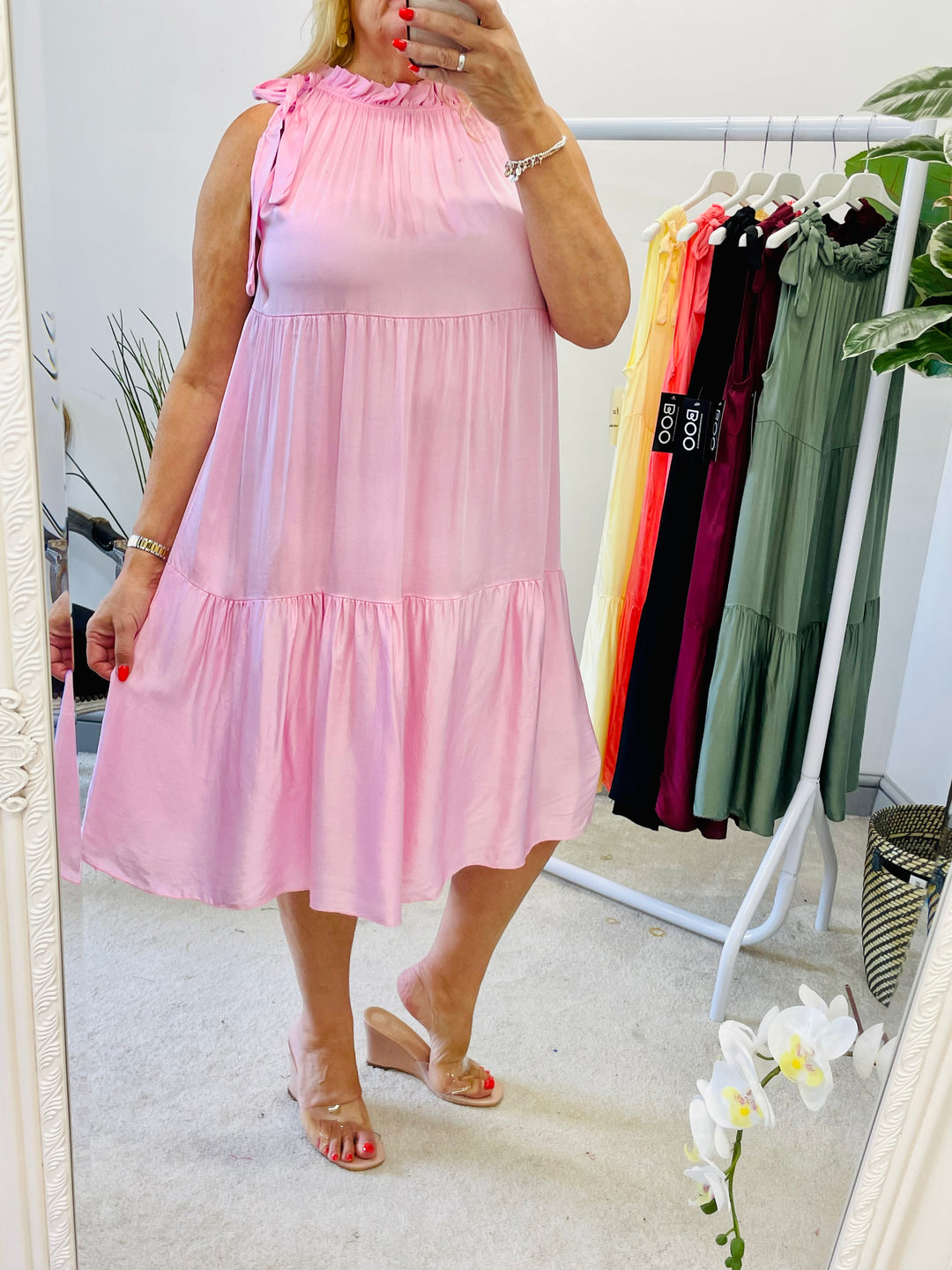 LADIES SATIN TIERED SUMMER MIDI DRESS = BURGUNDY, BLACK,, LEMON, PINK, KHAKI, CORAL