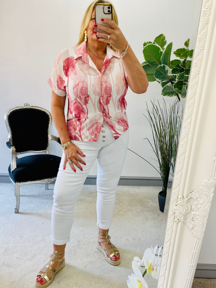 LADIES WOMENS CHIFFON SHEER BLOUSE TOP - PINK AND BLUE