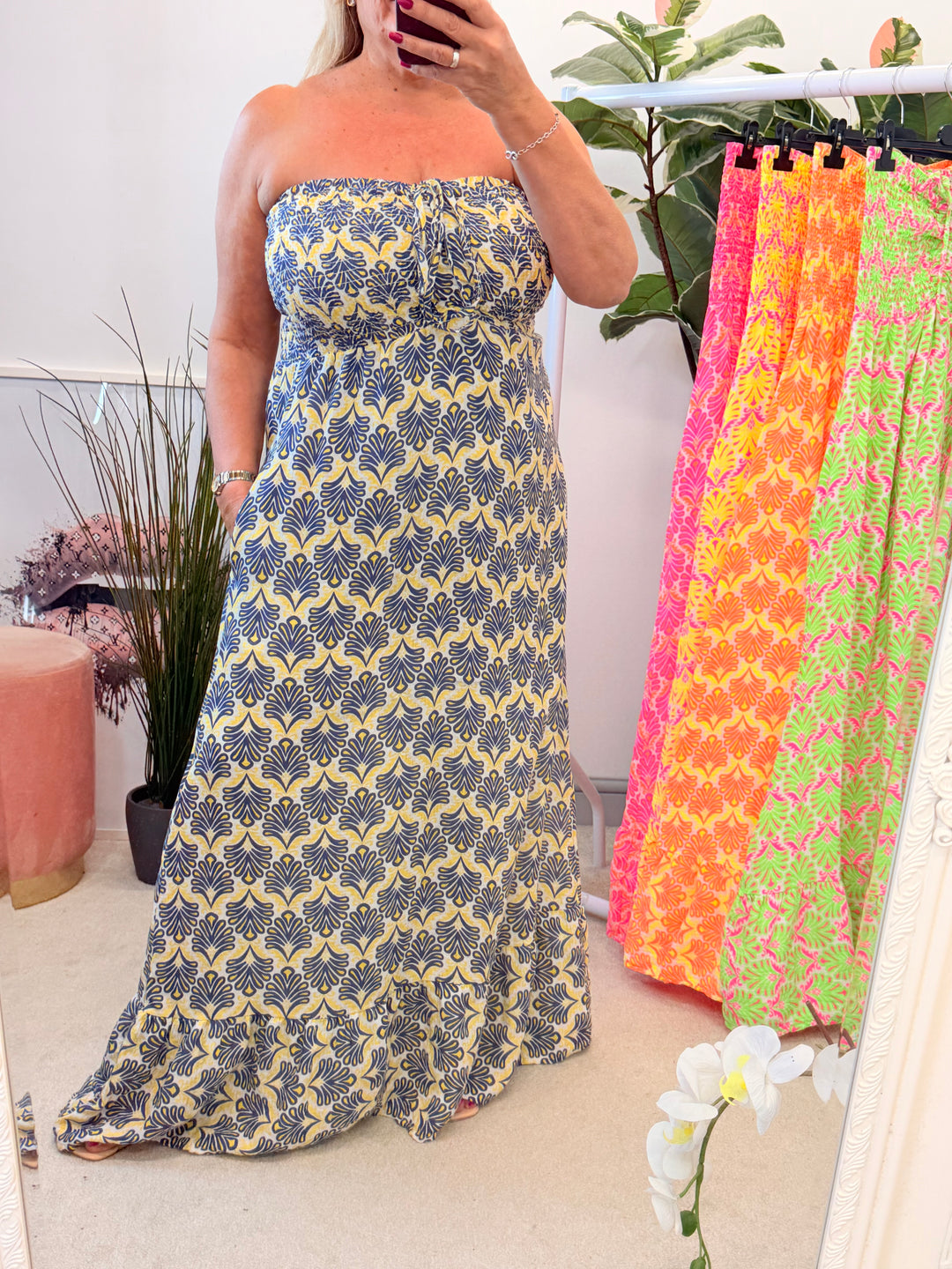 Ladies Fashion Summer Strapless Maxi Dress - Pink, Yellow, Orange, Green, Navy