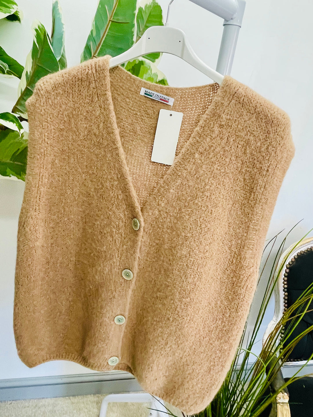 LADIES KNITTED WAISTCOAT - WHITE, BLUE, GREY, CAMEL & BROWN