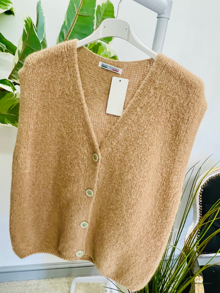 LADIES KNITTED WAISTCOAT - WHITE, BLUE, GREY, CAMEL & BROWN