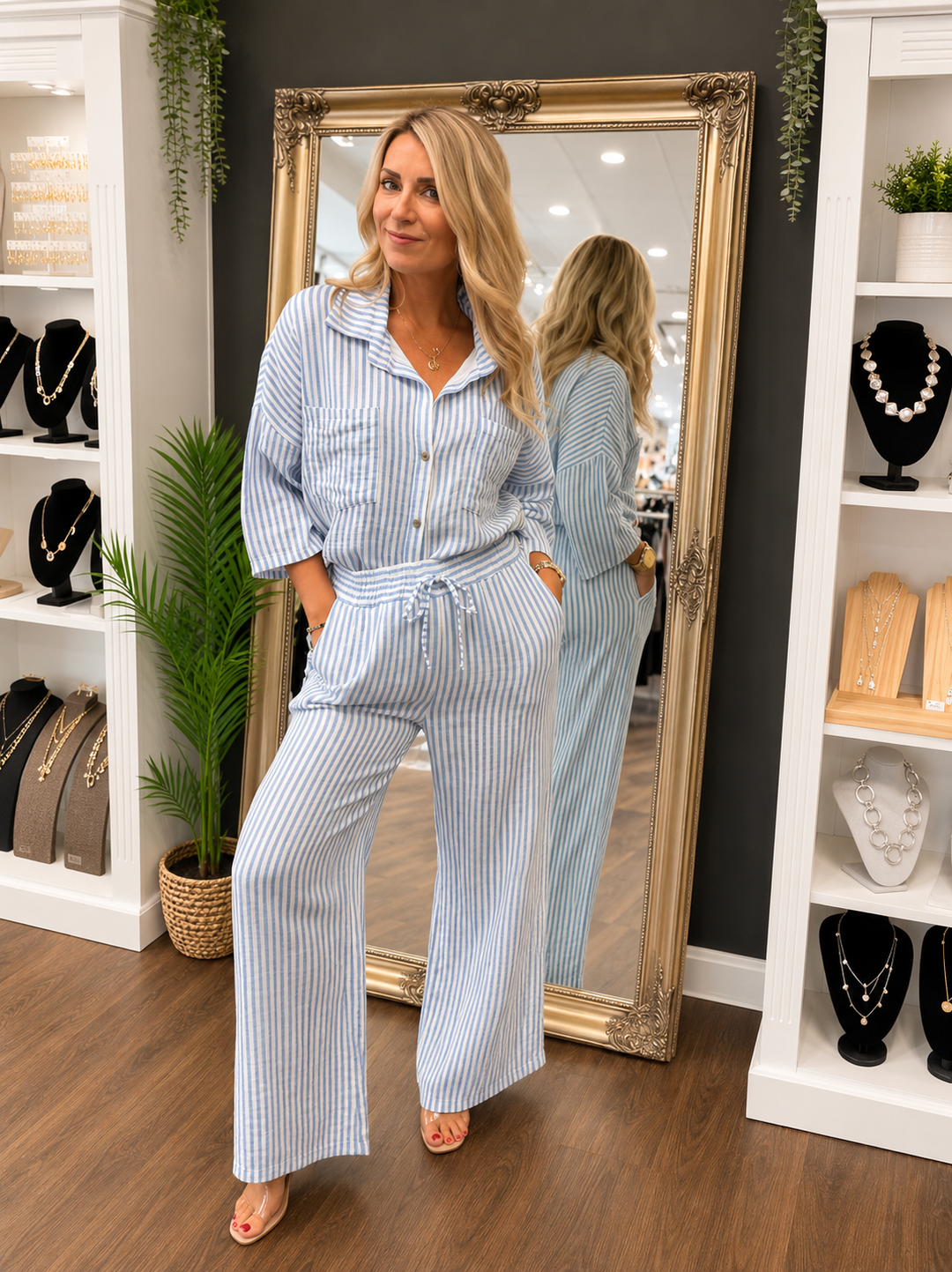 Ladies Fashion Blue & White Stripe Trouser Shirt Co Ord Set