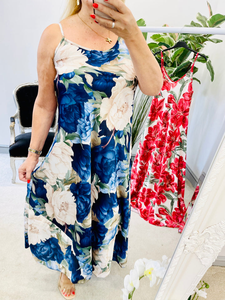 LADIES SATIN FLORAL PRINT SUMMER MAXI DRESS - RED & NAVY
