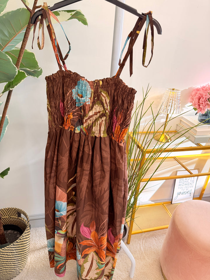 Ladies Flower Print Summer Cami Dress - Cream, Blue, Khaki & Brown